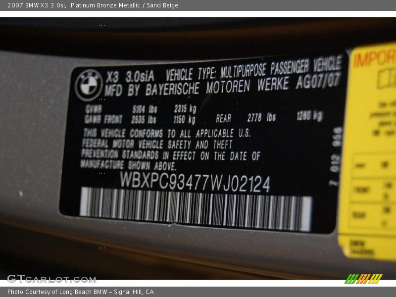 Platinum Bronze Metallic / Sand Beige 2007 BMW X3 3.0si