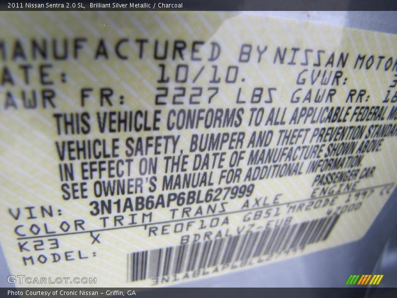 2011 Sentra 2.0 SL Brilliant Silver Metallic Color Code K23
