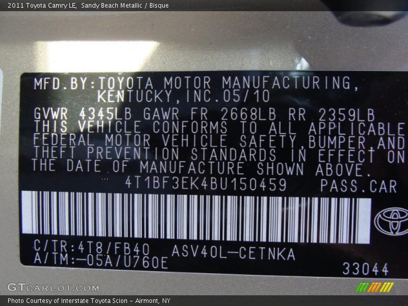 Sandy Beach Metallic / Bisque 2011 Toyota Camry LE