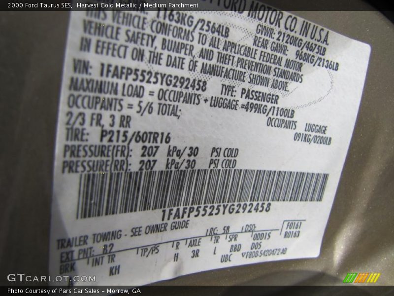 2000 Taurus SES Harvest Gold Metallic Color Code B2