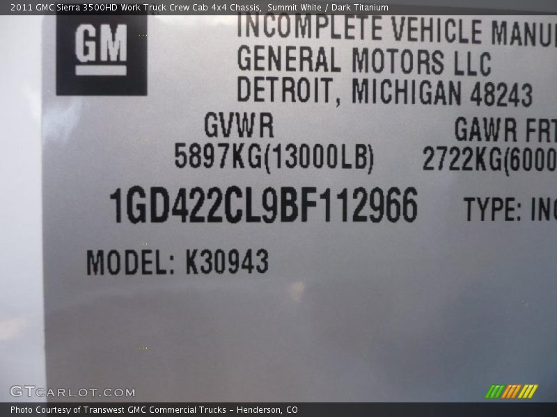 Summit White / Dark Titanium 2011 GMC Sierra 3500HD Work Truck Crew Cab 4x4 Chassis