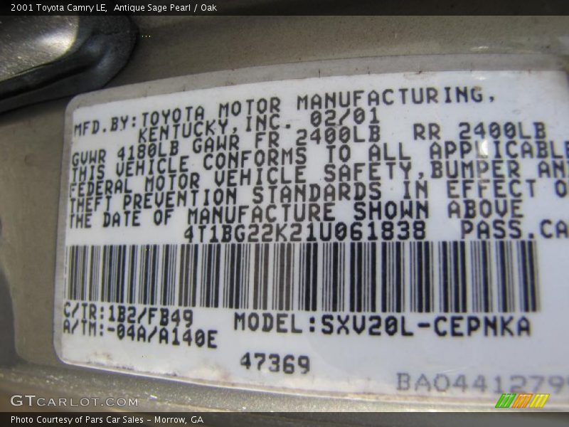 Antique Sage Pearl / Oak 2001 Toyota Camry LE