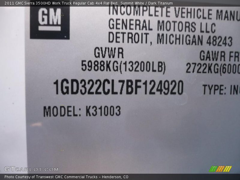 Info Tag of 2011 Sierra 3500HD Work Truck Regular Cab 4x4 Flat Bed