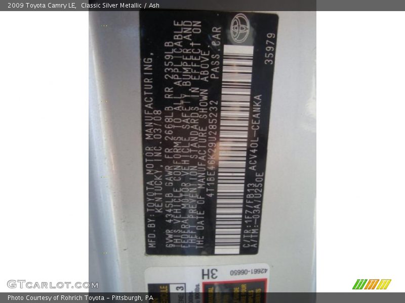Classic Silver Metallic / Ash 2009 Toyota Camry LE