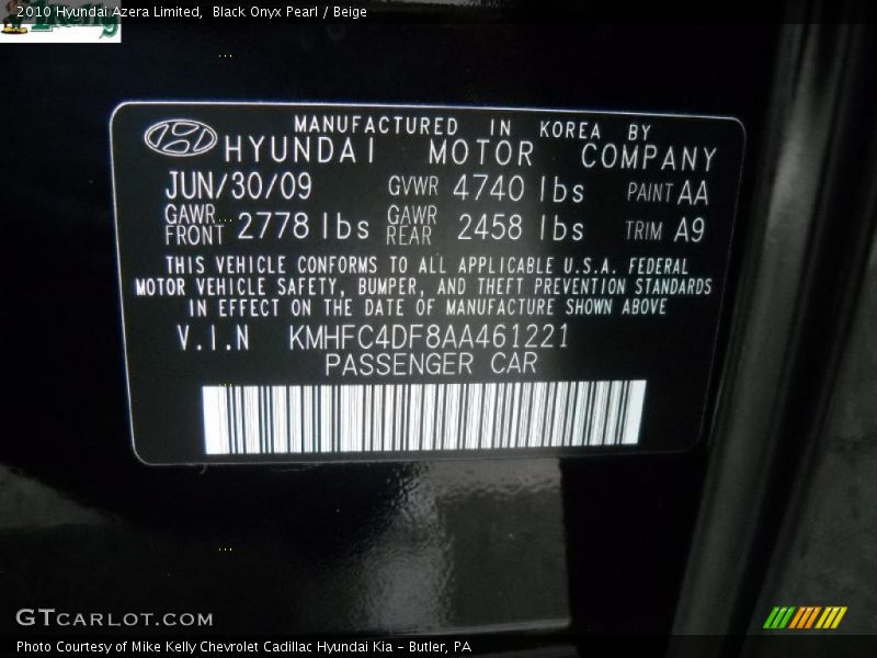 2010 Azera Limited Black Onyx Pearl Color Code AA