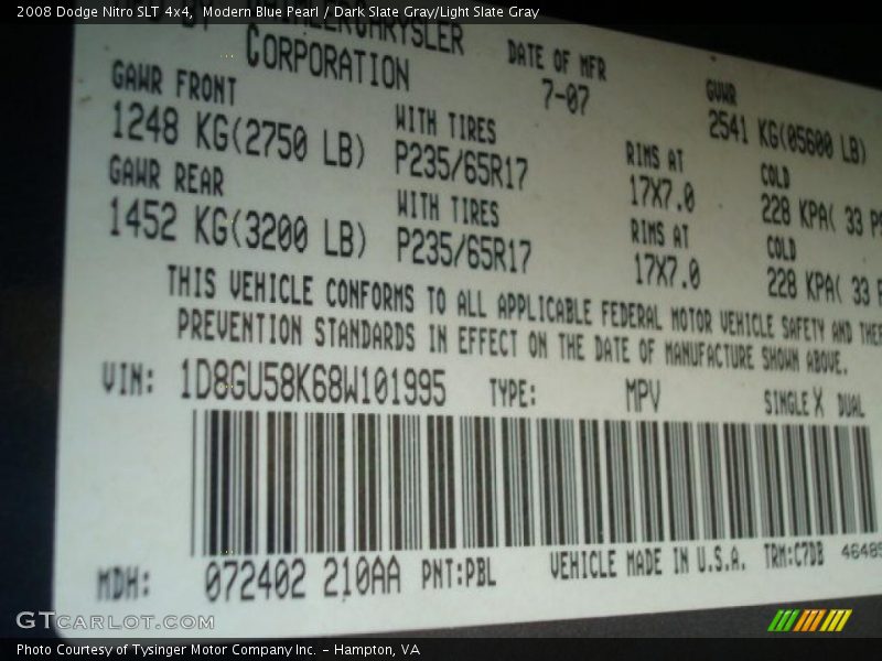 Modern Blue Pearl / Dark Slate Gray/Light Slate Gray 2008 Dodge Nitro SLT 4x4