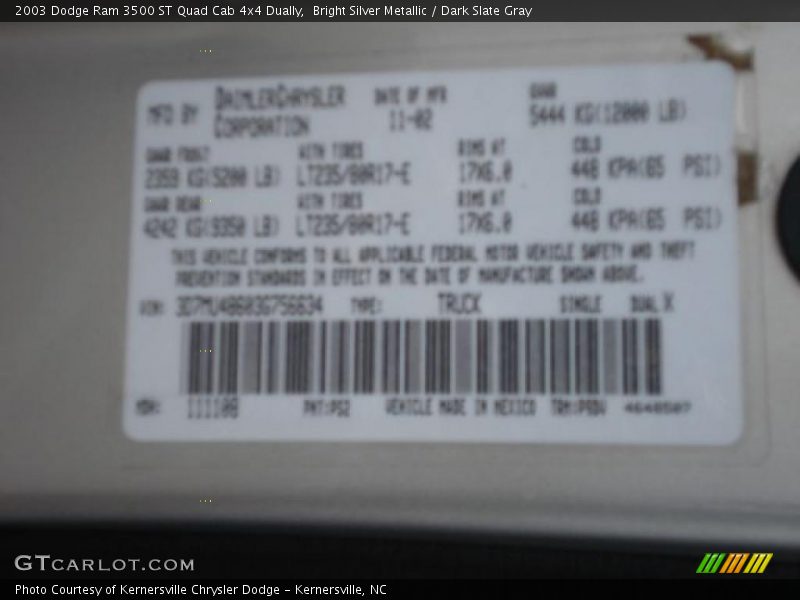 Bright Silver Metallic / Dark Slate Gray 2003 Dodge Ram 3500 ST Quad Cab 4x4 Dually