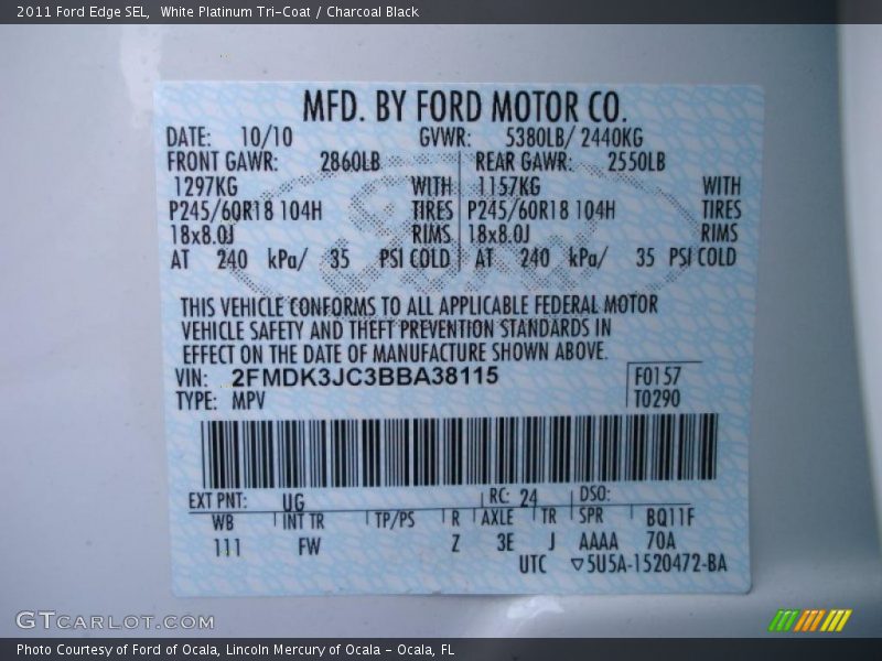 2011 Edge SEL White Platinum Tri-Coat Color Code UG