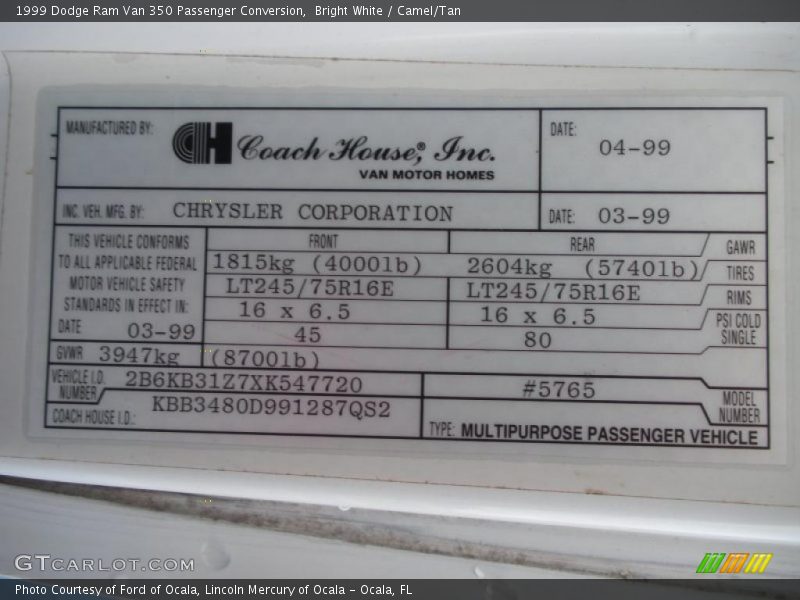 Bright White / Camel/Tan 1999 Dodge Ram Van 350 Passenger Conversion