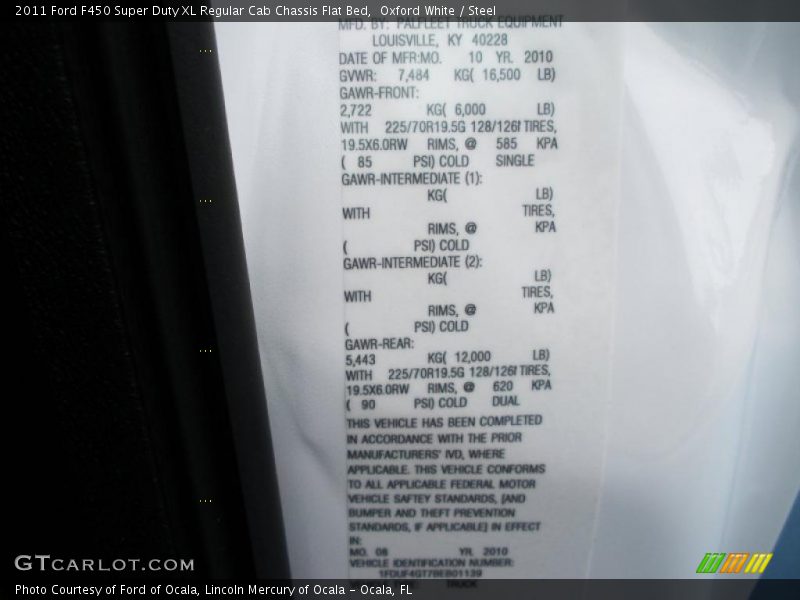 Info Tag of 2011 F450 Super Duty XL Regular Cab Chassis Flat Bed