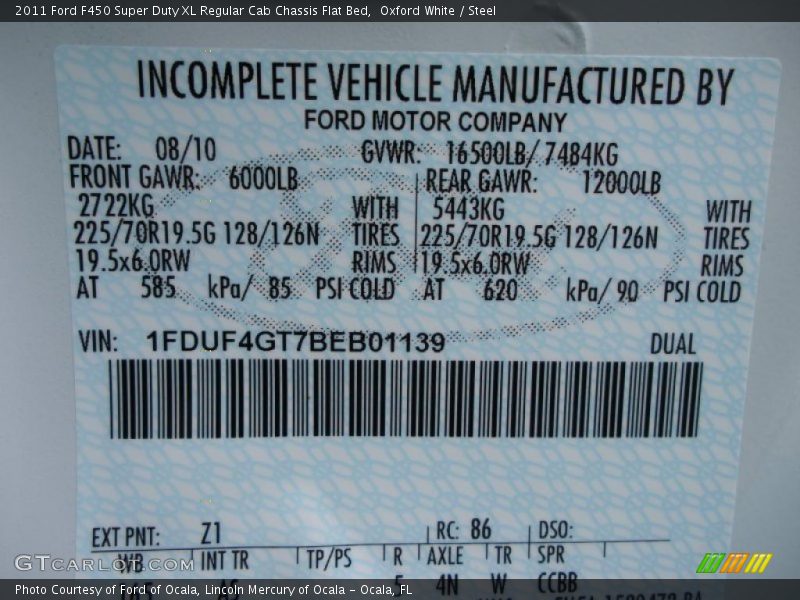 Info Tag of 2011 F450 Super Duty XL Regular Cab Chassis Flat Bed