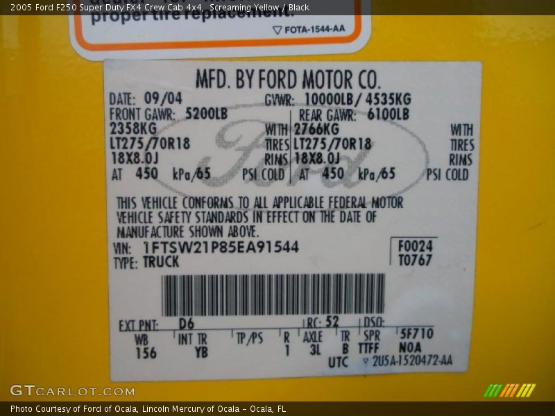 Info Tag of 2005 F250 Super Duty FX4 Crew Cab 4x4