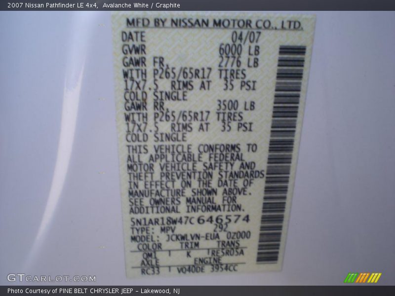 Avalanche White / Graphite 2007 Nissan Pathfinder LE 4x4