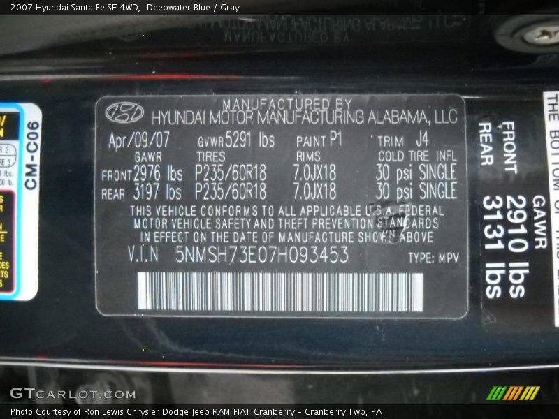 Deepwater Blue / Gray 2007 Hyundai Santa Fe SE 4WD