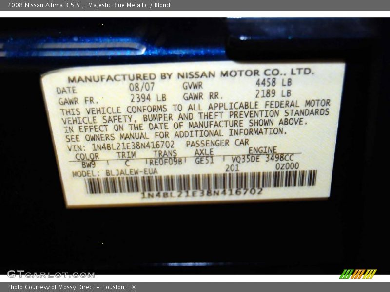 Majestic Blue Metallic / Blond 2008 Nissan Altima 3.5 SL