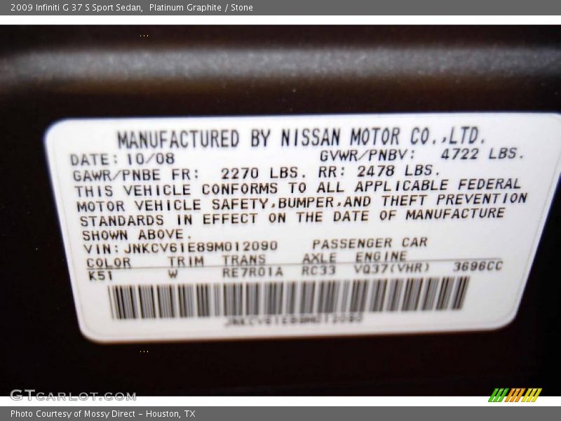 Platinum Graphite / Stone 2009 Infiniti G 37 S Sport Sedan