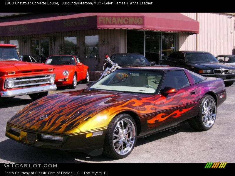 Burgundy/Maroon/Multi-Color Flames / White Leather 1988 Chevrolet Corvette Coupe