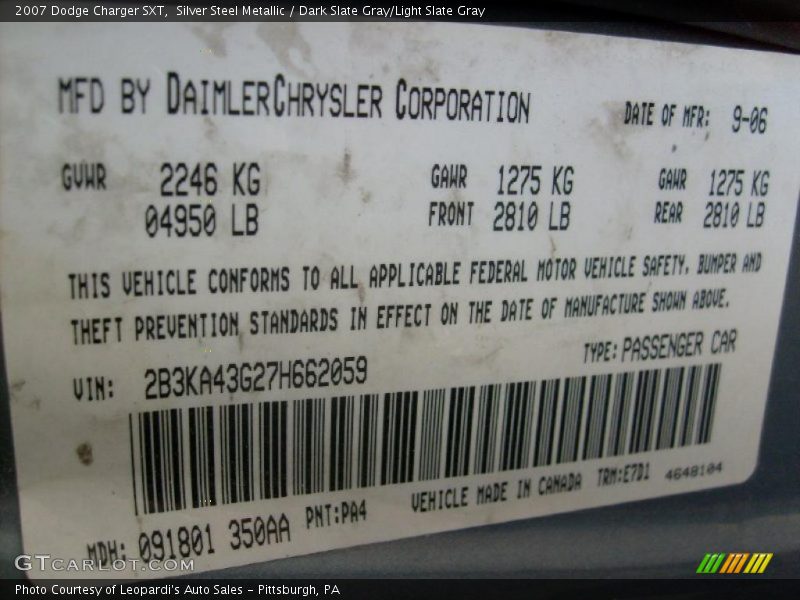 Silver Steel Metallic / Dark Slate Gray/Light Slate Gray 2007 Dodge Charger SXT