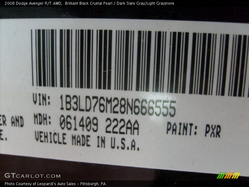 Brilliant Black Crystal Pearl / Dark Slate Gray/Light Graystone 2008 Dodge Avenger R/T AWD