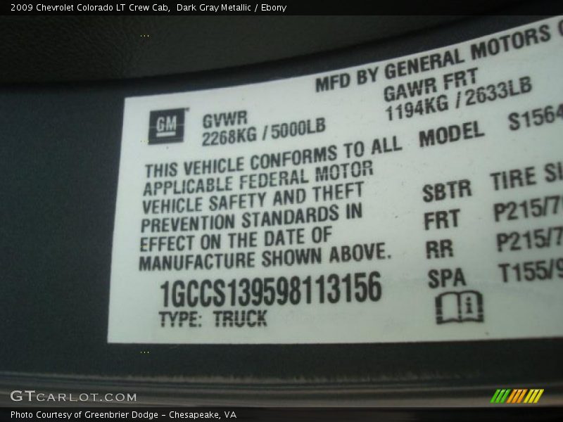 Dark Gray Metallic / Ebony 2009 Chevrolet Colorado LT Crew Cab
