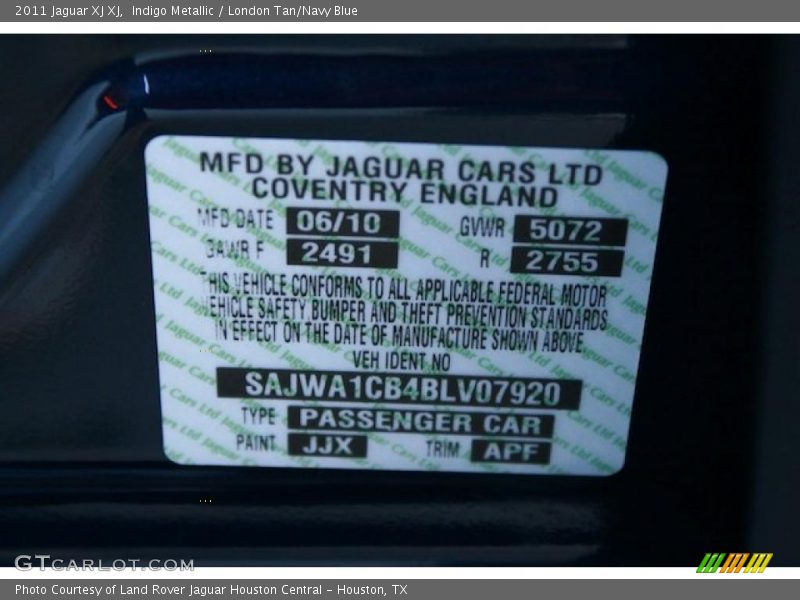 2011 XJ XJ Indigo Metallic Color Code JJX