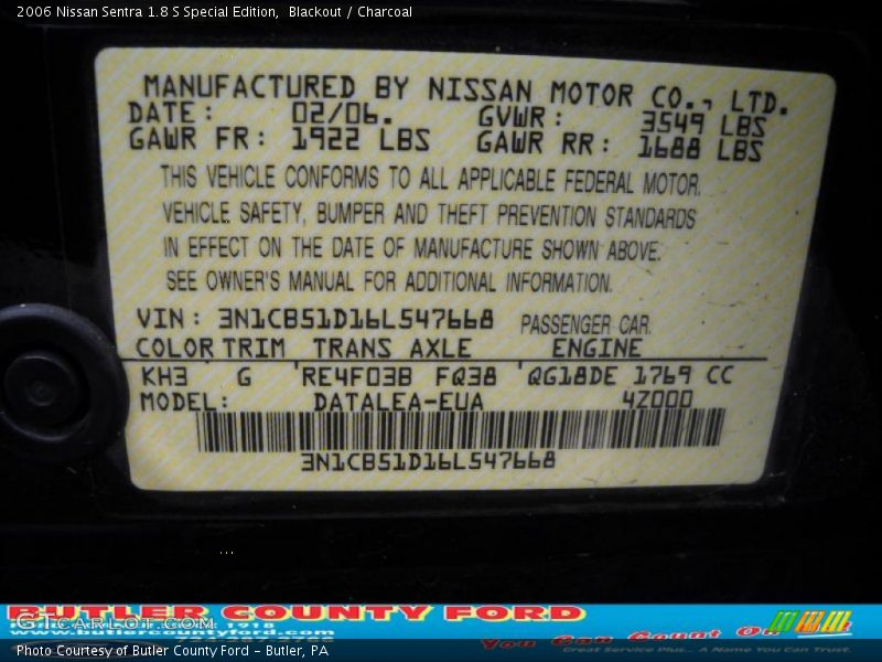 Blackout / Charcoal 2006 Nissan Sentra 1.8 S Special Edition