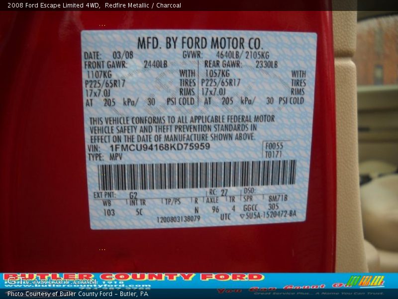 Redfire Metallic / Charcoal 2008 Ford Escape Limited 4WD