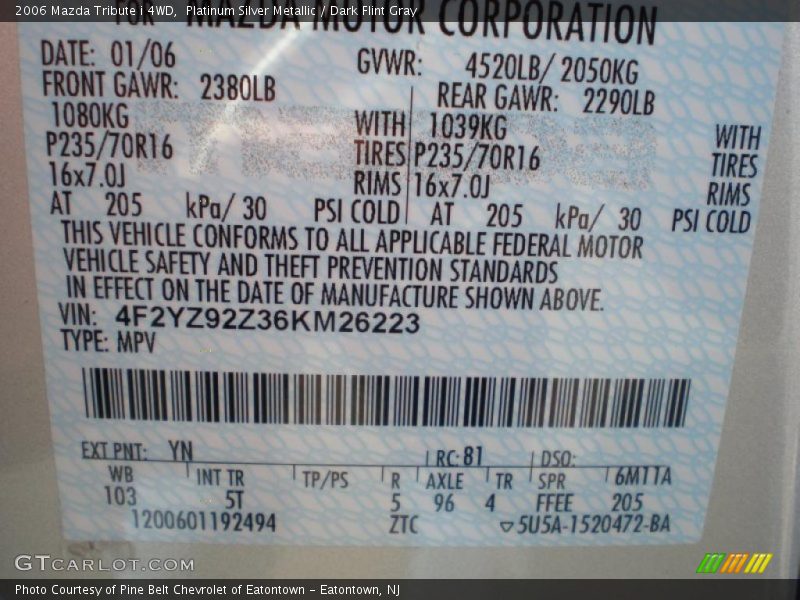 2006 Tribute i 4WD Platinum Silver Metallic Color Code YN