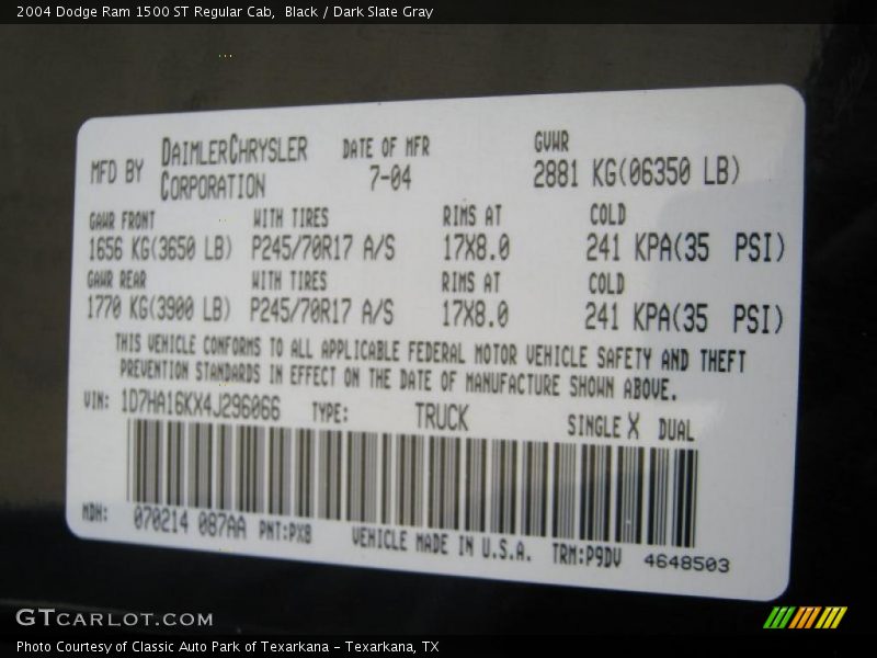 2004 Ram 1500 ST Regular Cab Black Color Code PX8