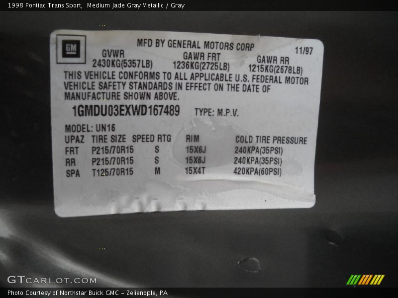 Info Tag of 1998 Trans Sport 