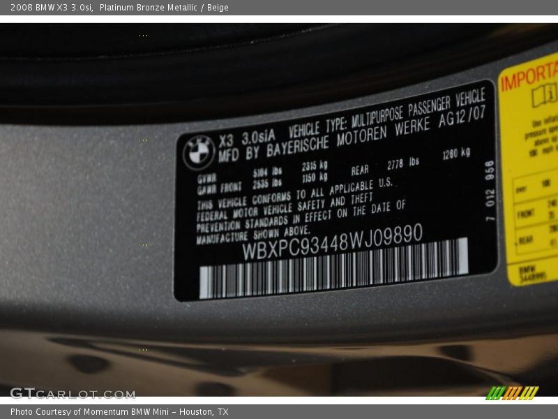 Platinum Bronze Metallic / Beige 2008 BMW X3 3.0si