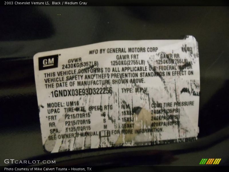 Black / Medium Gray 2003 Chevrolet Venture LS