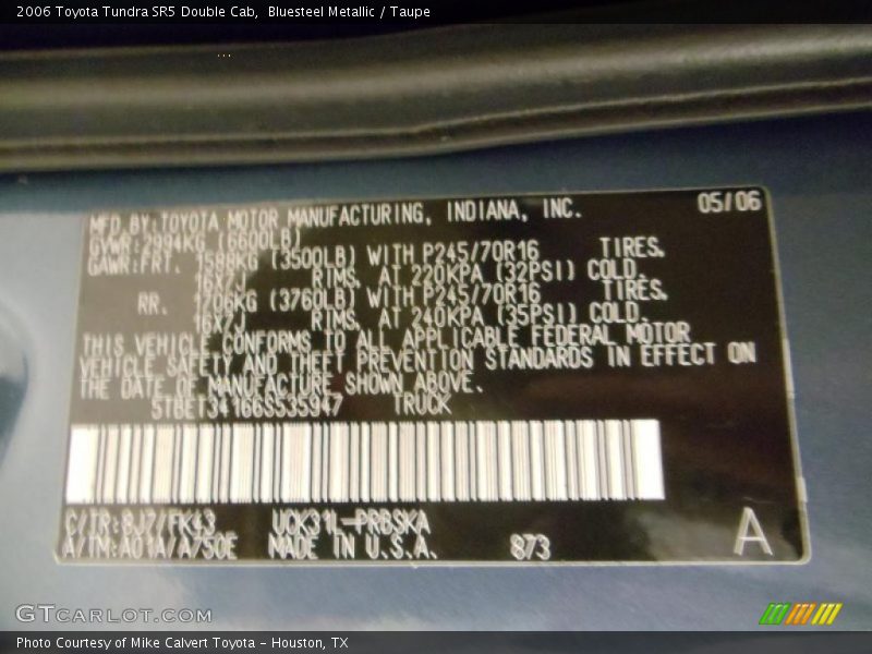Info Tag of 2006 Tundra SR5 Double Cab