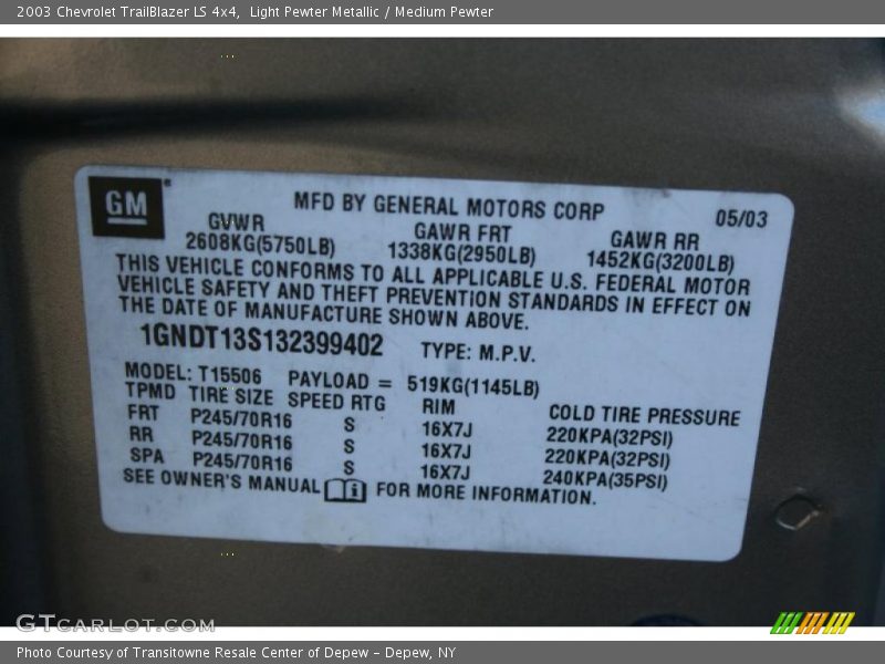 Light Pewter Metallic / Medium Pewter 2003 Chevrolet TrailBlazer LS 4x4