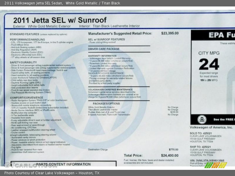  2011 Jetta SEL Sedan Window Sticker