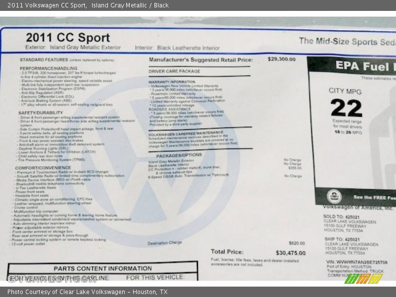 Island Gray Metallic / Black 2011 Volkswagen CC Sport