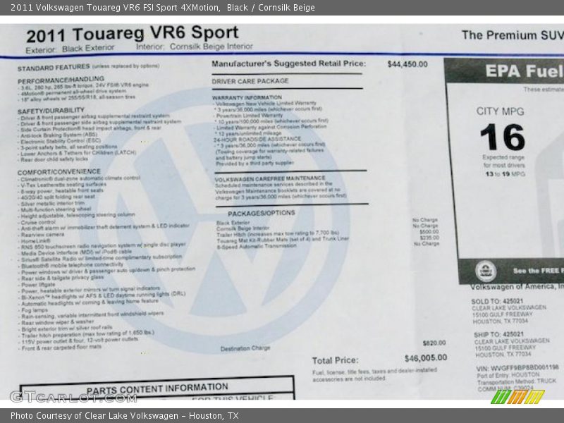  2011 Touareg VR6 FSI Sport 4XMotion Window Sticker