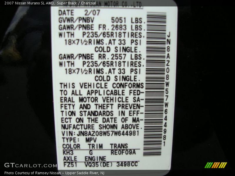 Super Black / Charcoal 2007 Nissan Murano SL AWD