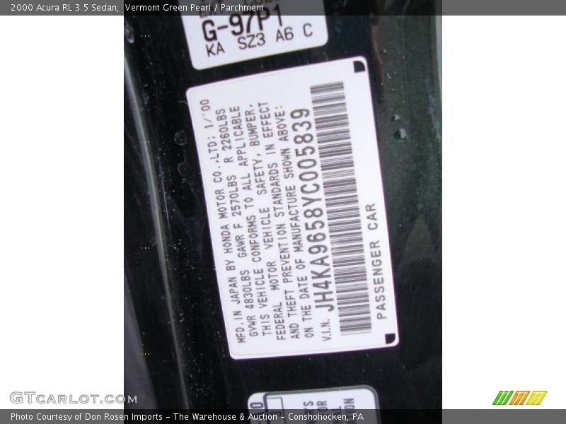 Info Tag of 2000 RL 3.5 Sedan