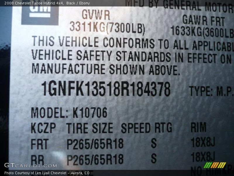 Info Tag of 2008 Tahoe Hybrid 4x4