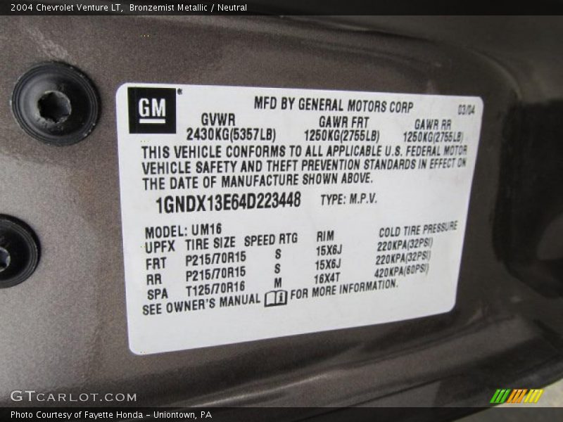 Info Tag of 2004 Venture LT