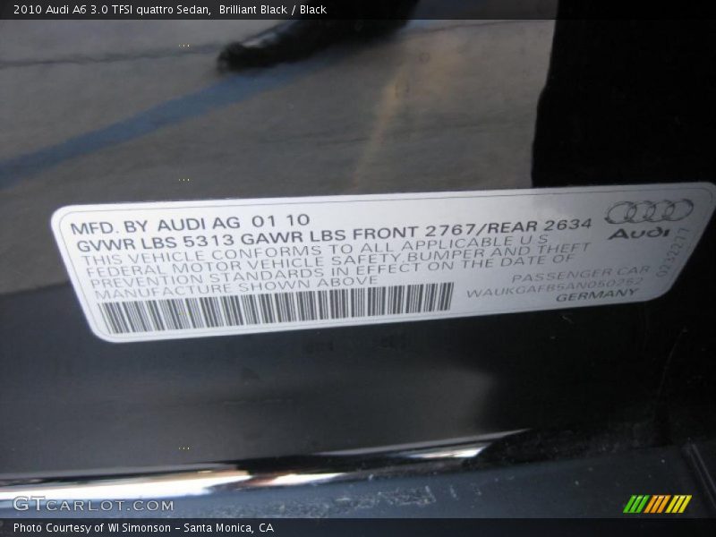 Info Tag of 2010 A6 3.0 TFSI quattro Sedan