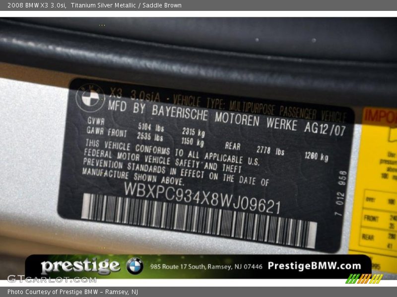 Titanium Silver Metallic / Saddle Brown 2008 BMW X3 3.0si