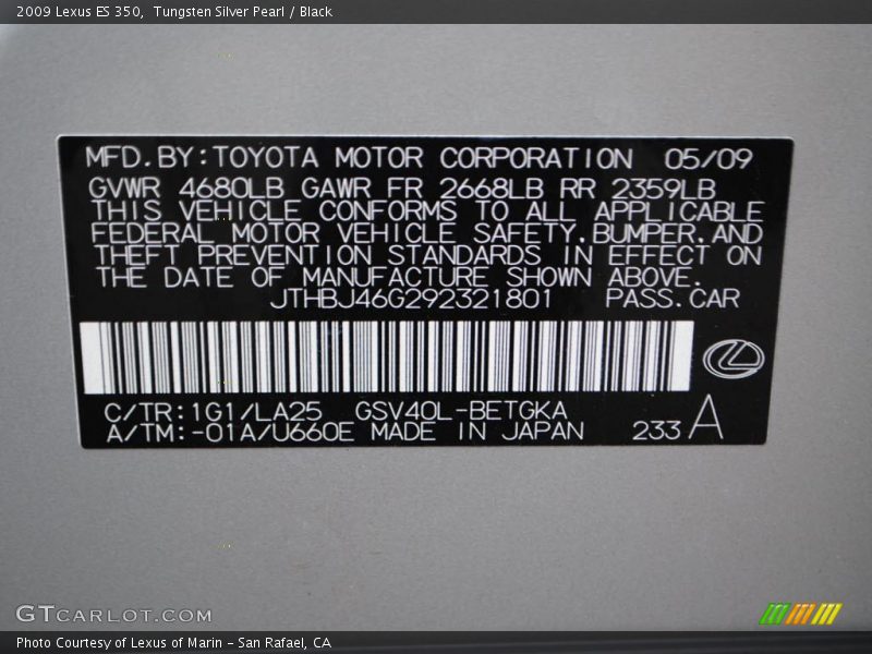 Tungsten Silver Pearl / Black 2009 Lexus ES 350
