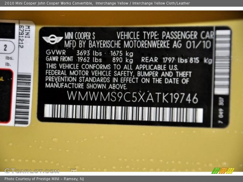 Info Tag of 2010 Cooper John Cooper Works Convertible
