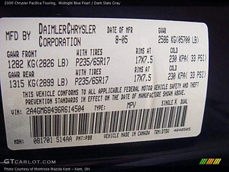 Midnight Blue Pearl / Dark Slate Gray 2006 Chrysler Pacifica Touring