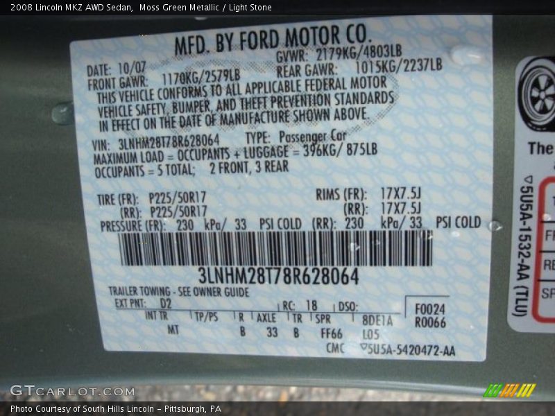 Moss Green Metallic / Light Stone 2008 Lincoln MKZ AWD Sedan