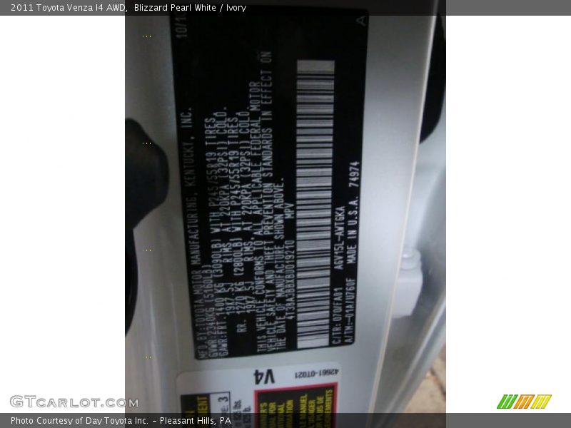Blizzard Pearl White / Ivory 2011 Toyota Venza I4 AWD