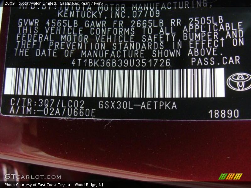Cassis Red Pearl / Ivory 2009 Toyota Avalon Limited