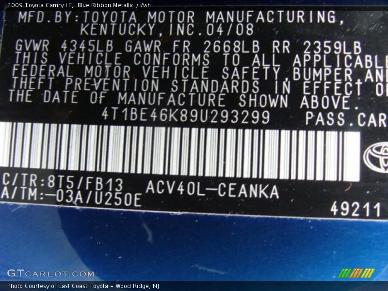 Blue Ribbon Metallic / Ash 2009 Toyota Camry LE
